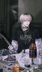 Rule 34 | 1boy, ashtray, black choker, black nails, black shirt, blonde hair, book, book stack, bracelet, chain, chain necklace, checkered clothes, checkered pants, choker, cigarette, cigarette pack, commentary, cross, cross earrings, door, earrings, emo fashion, eyeshadow, glass, grey eyes, grey pants, guitar, hair between eyes, highres, holding, holding cigarette, holding guitar, holding instrument, instrument, jack daniel&#039;s, jewelry, lock necklace, long sleeves, looking to the side, makeup, male focus, medium hair, mole, mole under mouth, multiple rings, necklace, original, pants, parted lips, plectrum, print shirt, ring, shirt, sitting, smoke, smoking, solo, st31010, symbol-only commentary, upper body, white sleeves