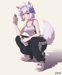 1girl 6b43 absurdres animal_ears breasts filian_(vtuber) food highres holding indie_virtual_youtuber medium_breasts pants pocky purple_eyes solo squatting tail virtual_youtuber
