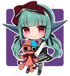 Rule 34 | 1girl, battle girl high school, blush, border, bow, chibi, chibi only, chiji komari, full body, green hair, grey thighhighs, hair bow, holding teddy bear, lolita fashion, long hair, looking at viewer, no nose, parted lips, red eyes, sadone, solo, stuffed animal, stuffed toy, teddy bear, thighhighs, white border