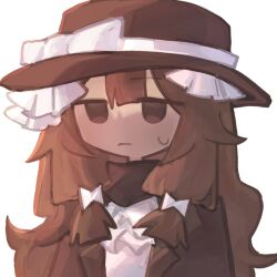 1girl ascot bow brown_coat brown_eyes brown_hair brown_hat brown_scarf closed_mouth coat dark-skinned_female dark_skin dream_game hair_bow hat hat_bow kkongchi1167263 lapels low-tied_sidelocks nashatra_bealdhild notched_lapels roblox scarf sidelocks simple_background solo sweat upper_body white_ascot white_background white_bow