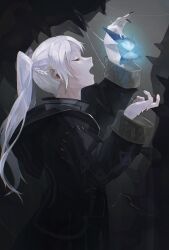 1girl black_robe braid closed_eyes fire_emblem fire_emblem_awakening from_side gimkamres04 highres long_hair long_sleeves magic nintendo open_mouth robe robin_(female)_(fire_emblem) robin_(fire_emblem) saliva saliva_trail standing twintails white_hair
