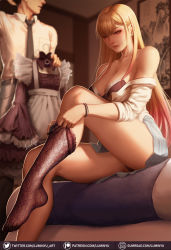 1boy 1girl apron black_bra black_panties bra breasts dress dressing gojou_wakana head_out_of_frame highres holding holding_unworn_clothes holding_unworn_dress kitagawa_marin lace lace-trimmed_legwear lace_trim luminyu maid_apron multicolored_hair off_shoulder panties skirt smile sono_bisque_doll_wa_koi_wo_suru thighhighs twitter_logo two-tone_hair underwear undressing unworn_dress
