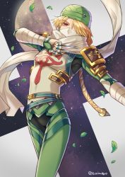 1girl alternate_color bandaged_arm bandages between_fingers blonde_hair eyes_visible_through_hair full_moon green_headwear hair_over_one_eye holding leaf long_hair looking_at_viewer mask moon mouth_mask needle nintendo red_eyes reverse_trap scarf sheik shina_shina solo star_(sky) super_smash_bros. the_legend_of_zelda the_legend_of_zelda:_ocarina_of_time turban twintails white_mask white_scarf
