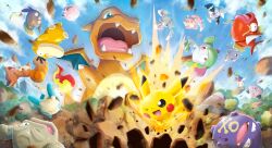 Rule 34 | &gt; o, absurdres, arms up, artist request, blue eyes, blue sky, charizard, chibi, cleffa, closed eyes, cloud, day, debris, diglett, electricity, fangs, fire, flabebe, flabebe (red flower), flame-tipped tail, gen 1 pokemon, gen 2 pokemon, gen 3 pokemon, gen 5 pokemon, gen 6 pokemon, geodude, gothita, highres, jigglypuff, kirlia, koffing, magikarp, meowth, minccino, minun, motion blur, nintendo, no humans, official art, one eye closed, open mouth, outdoors, pikachu, pink eyes, pokemon, pokemon (creature), pokemon focus, pokemon rumble, pokemon rumble rush, psyduck, skull and crossbones, sky, slowpoke, smile, stunfisk, tail, third-party source, vulpix