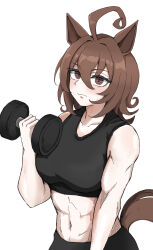 1girl absurdres agnes_tachyon_(umamusume) ahoge animal_ears bare_shoulders black_pants black_sports_bra blush breasts brown_eyes brown_hair closed_mouth commentary_request dumbbell exercising hair_between_eyes highres horse_ears horse_girl horse_tail large_breasts looking_at_viewer messy_hair midriff miya_nns35 muscular muscular_female navel pants short_hair simple_background solo sports_bra tail umamusume weightlifting white_background