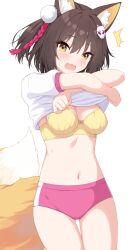 1girl absurdres animal_ear_fluff animal_ears blue_archive blush bra breasts brown_hair buruma commentary enru fang fox_ears fox_girl fox_tail gym_uniform hair_between_eyes hair_ornament halo highres izuna_(blue_archive) looking_at_viewer medium_breasts navel open_mouth red_buruma shirt short_hair short_sleeves skin_fang solo tail underwear white_background white_shirt yellow_bra yellow_eyes