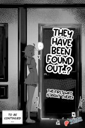 ... 1girl artist_name commentary door elf english_commentary english_text full_body greyscale hallway heart highres indoors long_sleeves medium_hair monochrome mushoku_tensei paid_reward_available patreon_logo patreon_username pointy_ears revision sailor_collar shirt skirt slippers sound_effects spoken_ellipsis spoken_heart standing sydus sylphiette_(mushoku_tensei)