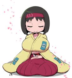 1girl black_hair blush breasts cherry_blossoms cleavage closed_eyes collarbone erika_(pokemon) hairband hakama holding holding_poke_ball japanese_clothes kimono large_breasts long_sleeves miyazero nintendo petals poke_ball poke_ball_(basic) poke_ball_print poke_ball_symbol pokemon pokemon_frlg print_kimono red_hakama short_hair sitting smile white_background wide_sleeves yellow_kimono