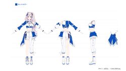 amagai_tarou asymmetrical_legwear belt blue_nails reference_sheet hair_ornament hairpin highres hololive hololive_idol_uniform_(color_rise) hololive_indonesia long_hair midriff nail_polish official_alternate_costume official_art pavolia_reine platform_footwear side_ponytail very_long_hair virtual_youtuber white_footwear white_hair