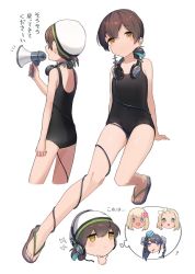 1girl black_one-piece_swimsuit blue_ribbon brown_eyes brown_hair cable flat_chest folded_ponytail hair_ribbon headphones headphones_around_neck kantai_collection kasuga_maru_(kancolle) kasuga_maru_(swimsuit)_(kancolle) long_hair luigi_torelli_(kancolle) megaphone official_alternate_costume one-piece_swimsuit ribbon ro-500_(kancolle) sandals scamp_(kancolle) school_swimsuit sitting solo speech_bubble swept_bangs swim_cap swimsuit taiyou_(kancolle) thought_bubble translation_request white_swimcap yamashichi_(mtseven)