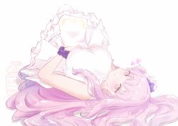 1girl blue_archive blush breasts dress feathered_wings hair_bun hair_spread_out heart highres ichigomilk_610 knees_up long_hair looking_at_viewer lying medium_breasts mika_(blue_archive) no_halo on_back pink_hair scrunchie single_side_bun sleeveless sleeveless_dress smile solo upside-down very_long_hair white_dress white_wings wings wrist_scrunchie yellow_eyes