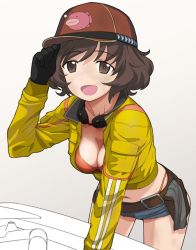 10s 1girl a1_(initial-g) akiyama_yukari anglerfish belt black_gloves bra breasts brown_eyes brown_hair cidney_aurum cidney_aurum_(cosplay) cleaning_rag cleavage cosplay dirty dirty_face emblem eyebrows female_focus final_fantasy final_fantasy_xv fish girls_und_panzer gloves goggles hard_hat helmet jacket leaning_forward medium_breasts midriff navel open_mouth red_bra short_hair short_shorts shorts solo underwear