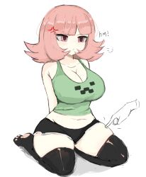 &gt;:( 1girl :t anger_vein annoyed arms_behind_back bare_shoulders black_shorts black_thighhighs blunt_bangs breasts brown_hair cleavage collarbone creeper crop_top curvy danganronpa_(series) danganronpa_2:_goodbye_despair disembodied_hand dolphin_shorts dot_nose eyebrows_hidden_by_hair flipped_hair full_body green_shirt grey_background hair_flaps highres impossible_clothes impossible_shirt large_breasts light_blush long_hair m3link medium_hair midriff minecraft mole mole_on_breast nanami_chiaki navel parted_bangs paw_shoes pawpads pink_eyes pink_hair plump poking puff_of_air seiza shadow shirt shorts sidelocks simple_background sitting skindentation solo tank_top taut_clothes taut_shorts thick_eyelashes thick_thighs thighhighs thighs tight_clothes tsurime v-shaped_eyebrows white_background