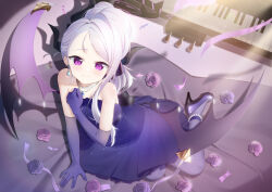 1girl black_halo blue_archive blush demon_girl demon_horns demon_wings dian_zhi_sang dress earrings flower gloves grand_piano halo highres hina_(blue_archive) hina_(dress)_(blue_archive) horns instrument jewelry long_hair looking_at_viewer necklace pendant piano purple_dress purple_eyes purple_flower purple_gloves purple_rose rose sitting solo white_hair wings