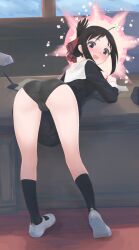 Rule 34 | 1girl, ass, black dress, black hair, black panties, black socks, dress, folded ponytail, from behind, hair ribbon, highres, kaguya-sama wa kokurasetai ~tensai-tachi no renai zunousen~, looking at viewer, looking back, panties, parted bangs, recklessdraw, red eyes, red ribbon, ribbon, shinomiya kaguya, socks, solo, thighs, underwear, variant set