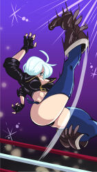 1girl angel_(kof) ass blue_eyes boots breasts curvy female_focus gloves guolfo huge_ass huge_breasts jacket jewelry latex leather leather_gloves pale_skin ring short_hair stage the_king_of_fighters thick_thighs thighs white_hair wide_hips