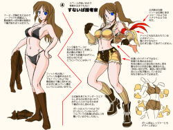 1girl armband black_bra black_panties boots bra breasts brown_boots brown_gloves brown_hair brown_shirt brown_shorts brown_socks cleavage closed_mouth commentary_request crop_top expressionless full_body fur-trimmed_gloves fur-trimmed_shirt fur-trimmed_shorts fur_trim gloves hair_down high_ponytail long_hair looking_at_viewer medium_breasts midriff multiple_views navel panties pointing_out_the_details ponytail ragnarok_online shirt shorts simple_background sleeveless sleeveless_shirt sniper_(ragnarok_online) socks standing tatsumi_ray translation_request two-tone_gloves two-tone_shirt two-tone_shorts underwear yellow_gloves yellow_shirt yellow_shorts