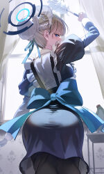 1girl absurdres ass blonde_hair blue_archive blue_eyes blue_halo blue_ribbon cleaning commentary curtains from_behind hair_bun hair_ribbon halo highres long_sleeves looking_at_viewer looking_back maid maid_headdress manda_(luts7602) mixed-language_commentary puffy_long_sleeves puffy_sleeves ribbon short_hair single_hair_bun solo toki_(blue_archive) window