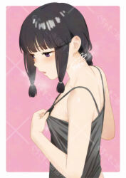 1girl adjusting_clothes adversarial_noise alternate_costume black_camisole black_hair blunt_bangs blunt_tresses blush border braid breasts camisole circle_name collar commentary_request from_behind hair_tie kantai_collection kitakami_(kancolle) long_hair open_mouth pink_background purple_eyes rounded_corners sakiecho sidelocks signature simple_background single_braid small_breasts solo upper_body watermark white_border