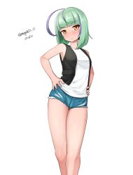 Rule 34 | 1girl, absurdres, ahoge, black vest, blunt bangs, bob cut, cutoffs, dated, denim, denim shorts, feet out of frame, green hair, hands on own hips, highres, inverted bob, kantai collection, maru (marg0613), multicolored hair, one-hour drawing challenge, purple hair, shirt, short hair, short shorts, shorts, simple background, sleeveless, sleeveless shirt, solo, standing, streaked hair, take (kancolle), twitter username, vest, white background, white shirt
