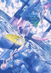 Rule 34 | 2girls, absurdres, age progression, bang dream!, bang dream! it&#039;s mygo!!!!!, black shoes, blue theme, brown hair, brown sweater vest, chihaya anon, chinese commentary, cloud, coat, commentary request, dress, green skirt, grey coat, hairband, haneoka school uniform, highres, holding, holding umbrella, kanato04249580, kneehighs, long hair, multiple girls, nagasaki soyo, pink hair, pink umbrella, pleated skirt, school uniform, shirt, shoes, skirt, socks, split theme, standing, suitcase, sweater vest, table, tsukinomori school uniform, umbrella, white dress, white shirt, white socks, yellow umbrella