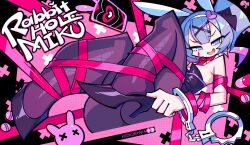 1girl abstract_background animal_ears ass black_pantyhose blue_eyes blue_hair commentary cuffs english_commentary english_text fake_animal_ears full_body gradient_hair hair_ornament handcuffs hatsune_miku high_heels highres krokobyaka leotard looking_at_viewer medium_hair multicolored_hair open_mouth pantyhose pill pink_hair pink_pupils playboy_bunny rabbit_ears rabbit_hole_(vocaloid) shoes smile solo tattoo teardrop_facial_mark teardrop_tattoo vocaloid x_hair_ornament
