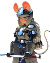 1girl absurdres animal_ears armor armored_dress blonde_hair blue_eyes blue_skirt bow braid breastplate dress full_armor gauntlets gemi_ningen gloves grey_hair hair_bow highres holding holding_sword holding_weapon knight long_hair long_sleeves looking_to_the_side mouse_ears mouse_girl mouse_tail nervous nervous_sweating pauldrons ratkin_(rimworld) rimworld shoulder_armor skirt solo standing sweat sword tail twin_braids weapon white_background