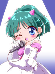 Rule 34 | 1girl, ;d, absurdres, blue eyes, blush, chibi, doteraman, dress, foreshortening, gloves, green hair, highres, holding, holding microphone, horns, kiron, medium hair, microphone, one eye closed, open mouth, pink horns, pointing, saiko yuki (doteraman), smile, solo, standing, white gloves