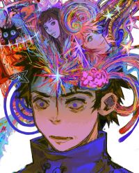 abstract blue_jacket brain brown_hair canti cat colorful dev_c exposed_brain flcl haruhara_haruko highres jacket nandaba_naota open_mouth pink_hair samejima_mamimi smoking star_(symbol) surprised takkun_(flcl) wide-eyed