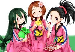Rule 34 | 3girls, ^ ^, alternate costume, animal bag, asui tsuyu, bag, black eyes, black hair, blush, boku no hero academia, breasts, brown hair, chikuwa savy, closed eyes, closed mouth, commentary request, double-parted bangs, eating, flower, grass, hair between eyes, hair flower, hair ornament, hair rings, hair scrunchie, holding, holding bag, holding rubber duck, japanese clothes, kimono, long hair, long sleeves, looking to the side, low-tied long hair, medium breasts, multiple girls, obi, pink flower, pink kimono, pink scrunchie, ponytail, rubber duck, sash, scrunchie, seiza, short hair, sitting, smile, teeth, uraraka ochako, very long hair, white background, wide sleeves, yaoyorozu momo