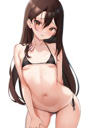 1girl alternate_costume arm_support bikini black_bikini blush breasts brown_hair collarbone commentary_request cowboy_shot double-parted_bangs gluteal_fold hair_between_eyes hair_ribbon hand_on_own_thigh head_tilt highres kantai_collection long_hair looking_at_viewer micro_bikini navel orange_eyes parted_lips petite red_ribbon ribbon side-tie_bikini_bottom simple_background small_breasts smile solo standing stomach string_bikini striped_ribbon swimsuit teeth very_long_hair white_background white_ribbon zarashi zuihou_(kancolle)