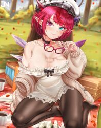 1girl beret black_choker black_pantyhose blue_eyes blush breasts choker closed_mouth coffee_mug cup glasses hat heterochromia highres hololive hololive_english horns irys_(casualrys)_(hololive) irys_(hololive) jnstudio lace-trimmed_choker lace_trim large_breasts looking_at_viewer mug nail_polish official_alternate_costume pantyhose picnic_basket picnic_blanket pink_nails pointy_ears red-framed_eyewear red_eyes shirt smile solo virtual_youtuber white_hat white_shirt wings