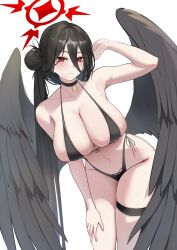 Rule 34 | 1girl, absurdres, arm up, armpit crease, armpits, bikini, black bikini, black choker, black hair, black wings, blue archive, blush, breasts, choker, collarbone, commentary request, feathered wings, front-tie bikini top, front-tie top, hair between eyes, hair bun, halo, halterneck, hand on own thigh, hasumi (blue archive), hasumi (swimsuit) (blue archive), highleg, highleg bikini, highres, hszy, huge breasts, leaning forward, light smile, long hair, long hair between eyes, looking at viewer, mole, mole under eye, navel, official alternate costume, red eyes, side-tie bikini bottom, simple background, single side bun, skindentation, solo, stomach, string bikini, swimsuit, thigh strap, very long hair, white background, wings