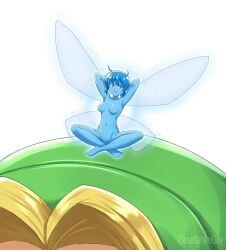 1boy 1girl arms_behind_head blonde_hair blue_eyes blue_hair blue_skin breasts canadiananiguy colored_skin fairy fairy_wings green_hat hat head_out_of_frame highres indian_style link medium_breasts mini_person minigirl navi nintendo nude on_head open_mouth personification pointy_ears sitting sitting_on_head sitting_on_person smile the_legend_of_zelda the_legend_of_zelda:_ocarina_of_time wings
