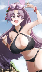 1girl bare_shoulders bikini black_bikini blue_archive blue_sky blush bracelet breasts cleavage earrings eyeliner eyewear_on_head flower hair_flower hair_ornament halo highres ibara_azuki jewelry large_breasts long_hair looking_at_viewer makeup navel open_mouth parted_bangs ponytail purple_eyes purple_hair sky smile solo sunglasses swimsuit very_long_hair yukari_(blue_archive) yukari_(swimsuit)_(blue_archive)