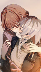 2girls absurdres black_choker black_jacket blush brown_background brown_hair brown_sweater choker closed_eyes collarbone commentary earclip english_commentary girls_band_cry grey_hair hand_under_clothes highres iseri_nina jacket kawaragi_momoka kiss long_hair long_sleeves low_twintails multicolored_hair multiple_girls open_clothes open_jacket roots_(hair) short_hair short_twintails sidelocks simple_background sweatdrop sweater twintails upper_body ydpfa yuri