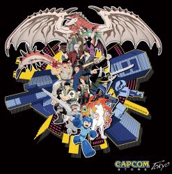 amaterasu_(ookami) baseball_bat blue_suit capcom chris_redfield crossover dante_(devil_may_cry) darkstalkers date_masamune demon_girl devil_may_cry_(series) dougi formal_clothes frank_west head_wings highres holding holding_baseball_bat justice_gakuen kazama_akira makaimura mega_man_(character) mega_man_(classic) mega_man_(series) monster_hunter_(series) mori_toshiaki morrigan_aensland multiple_crossover official_art ookami_(game) pantyhose phoenix_wright rathalos resident_evil ryu_(street_fighter) sengoku_basara sir_arthur_(makaimura) street_fighter suit v wings