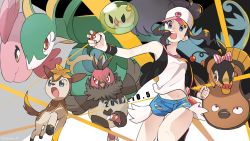 1girl alomomola bag bare_legs baseball_cap black_vest blue_eyes brown_hair curly_hair cutoffs dated deerling deerling_(winter) denim denim_shorts exposed_pocket floating_hair gen_5_pokemon hat high_ponytail hilda_(pokemon) jumping long_hair nintendo poke_ball pokemon pokemon_(creature) pokemon_adventures pokemon_bw ponytail rozu_ki serperior shirt short_shorts shorts shoulder_bag sidelocks sleeveless sleeveless_shirt solosis stunfisk tagme tank_top tepig vest vullaby white_shirt wide_hips