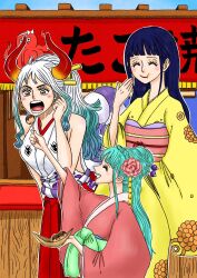 Rule 34 | 1boy, 2girls, ^ ^, aqua hair, blunt bangs, blush, closed eyes, commentary request, couchpotato op, feeding, food, green sash, hair bun, hakama, half updo, highres, horns, japanese clothes, kikunojo (one piece), kimono, kouzuki hiyori, long hair, multiple girls, obi, one piece, pink kimono, ponytail, red hakama, sash, size difference, sleeveless, sleeveless kimono, takoyaki, white kimono, wide sleeves, yamato (one piece), yellow kimono
