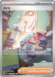 1boy artist_name book bookmark card_(medium) character_name closed_eyes company_name copyright_name copyright_notice cup curtains english_text glasses hexagonal_eyewear indoors jacq_(pokemon) katou_oswaldo male_focus mug multicolored_hair nintendo official_art open_mouth paper pokemon pokemon_card pokemon_sv pokemon_tcg purple_hair short_hair sleeping solo third-party_source trading_card two-tone_hair window