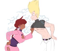 1boy 1girl 1shermieaday breasts curvy dark-skinned_female dark_skin dress earrings electricity female_focus heart huge_breasts jacket jewelry large_breasts long_hair nikaidou_benimaru orochi_shermie ponytail red_hair shermie_(kof) smile smiley_face tan the_king_of_fighters thick_thighs thighs thunder twintails wide_hips