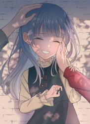 1boy 2girls ;d aged_down aose_(aose_pp) blue_eyes blue_hair blunt_bangs brick_wall child chromatic_aberration commentary_request dappled_sunlight day dress father_and_daughter film_grain fingernails frilled_sleeves frills green_dress grin half-closed_eye hand_on_another&#039;s_arm hand_on_another&#039;s_cheek hand_on_another&#039;s_face hand_on_another&#039;s_head highres long_hair long_sleeves looking_at_another mother_and_daughter multiple_girls one_eye_closed open_mouth outdoors pov pov_hands project_sekai puffy_long_sleeves puffy_sleeves shirt sidelighting sleeveless sleeveless_dress smile solo_focus straight_hair sunlight upper_body yellow_shirt yoisaki_kanade yoisaki_kanade&#039;s_father yoisaki_kanade&#039;s_mother