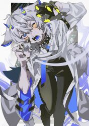 Rule 34 | 1boy, absurdres, animal ears, bandages, bishounen, black bandages, black gloves, black nails, black pants, black shoes, black undershirt, blue eyes, blue tongue, collar, colored tongue, commission, demon boy, demon horns, double-parted bangs, fishnets, gao, gloves, highres, hiramaru, horns, indie virtual youtuber, jacket, one eye closed, open clothes, open jacket, pale skin, pants, senz (third costume), senz (vtuber), sharp nails, shoes, solo, spiked collar, spikes, tail, virtual youtuber, white hair, wolf boy, wolf cut, wolf ears, wolf tail