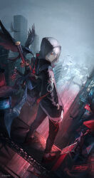 1boy absurdres bird black_jacket black_pants black_shoes building closed_mouth commentary_request crow full_body grey_hair hair_between_eyes hand_in_pocket highres highway hood hood_up jacket kkamiiz long_sleeves male_focus original outdoors pants red_eyes shoes short_hair simple_bird socks solo standing sword twitter_username weapon weapon_on_back white_socks