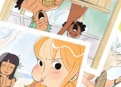 Rule 34 | 2girls, 3boys, ^ ^, arm up, black hair, blunt bangs, blush, cesel, closed eyes, commentary, cup, dark-skinned male, dark skin, eating, holding, holding cup, monkey d. luffy, multiple boys, multiple girls, nami (one piece), nico robin, one piece, outdoors, photo (object), roronoa zoro, sandals, usopp