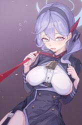 1girl absurdres ako_(blue_archive) bell blue_archive blue_hair blue_halo blush breasts buttons cowbell earrings flying_sweatdrops hairband halo highres jewelry jun_daniell large_breasts long_hair long_sleeves looking_at_viewer neck_bell open_mouth sideboob sideless_dress sideless_outfit sideless_shirt solo