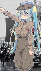 1girl absurdres aqua_eyes aqua_hair armband banner brown_necktie brown_pants brown_shirt cat collared_shirt hat hatsune_miku highres horse horseback_riding long_hair mao_bunny military_uniform motor_vehicle nazi necktie pants peaked_cap people photo_background red_armband reichsadler riding salute shirt straight-arm_salute swastika twintails vocaloid worldwide_miku