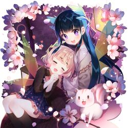 2girls black_hair blunt_bangs cherry_blossoms kanna_(uchihime) long_hair multiple_girls open_mouth pink_hair purple_eyes salt_(salty) short_hair squirrel uchi_no_hime-sama_ga_ichiban_kawaii very_long_hair wings