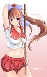 1girl arm_behind_head arm_up armpits blue_eyes blush bokken breasts brown_hair cleavage female_focus hair_ribbon highres long_hair medium_breasts midriff miniskirt mitsurugi_ryouko navel pink_background pleated_skirt ponytail real_bout_high_school red_skirt ribbon rize23 school_uniform serafuku sidelocks skirt smile solo standing sword weapon wooden_sword