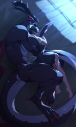 2boys ass bara barefoot character_request claws closed_eyes closed_mouth commentary dragalia_lost dragon_boy dragon_horns dragon_tail from_above from_behind furry furry_male highres horns hug hugging_tail lury.sgh lying male_focus multiple_boys muscular muscular_male on_side pectorals profile shinobi_(dragalia_lost) sleeping symbol-only_commentary tail